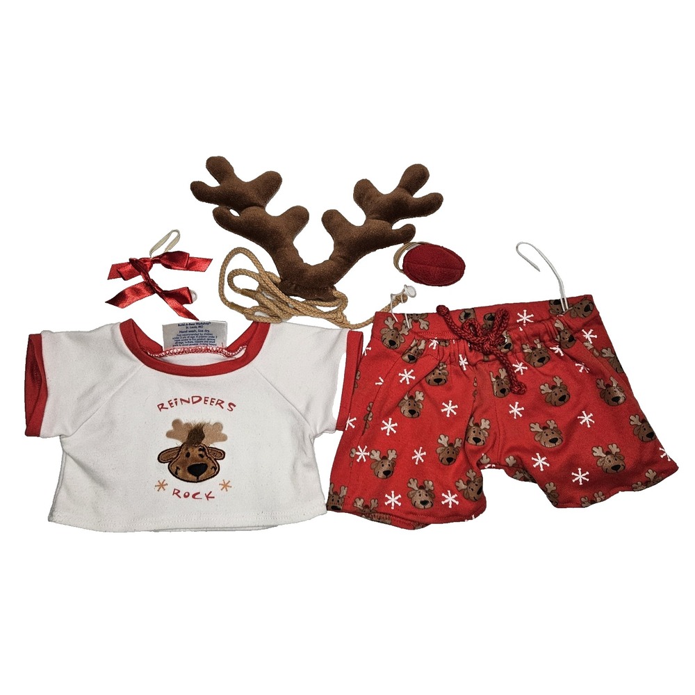 Build Bear Christmas Pajamas Antlers Reindeers Rock Red Nose BABW Bonus Bows